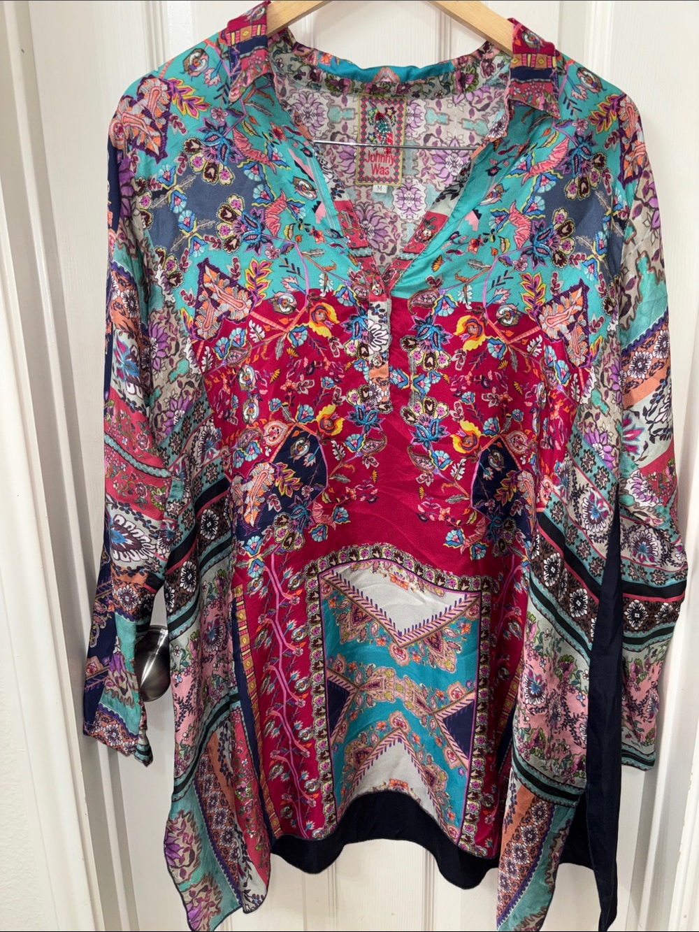 Johnny Was Multicolor Floral Patchwork Tunic - Teal Pink Navy